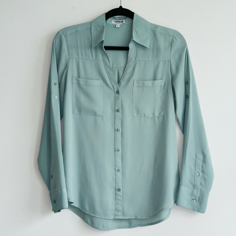 EXPRESS Womens Portofino Slim Fit Button Down Shirt Size Small sea foam green